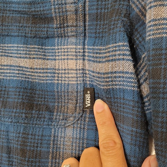 Vans Flannel Shirt Plaid Gray Blue Long Sleeve Button Oversized Cotton Blend L - Picture 4 of 12